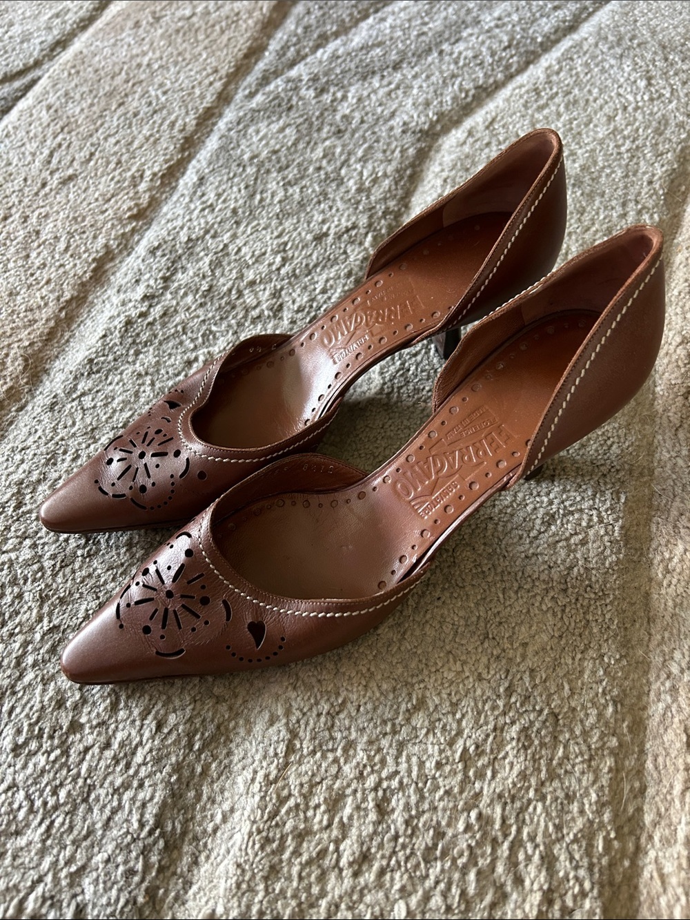 Salvatore Ferragamo Brown Pointed D'Orsay Heels with Laser-Cut Motif